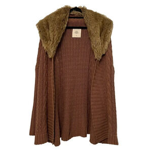 Zara Cable Knit Pennylane Cardigan Sz‎ Medium Brown Angora Blend Faux Fur Collar